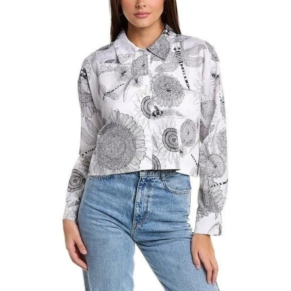 Norma Kamali Cropped Oversized Boyfriend NK Shirt Odonata Print White Black MD - Picture 1 of 11